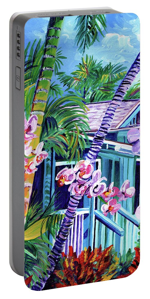 Tropical Portable Battery Charger featuring the painting Blue Baby Beach Cottage by Marionette Taboniar