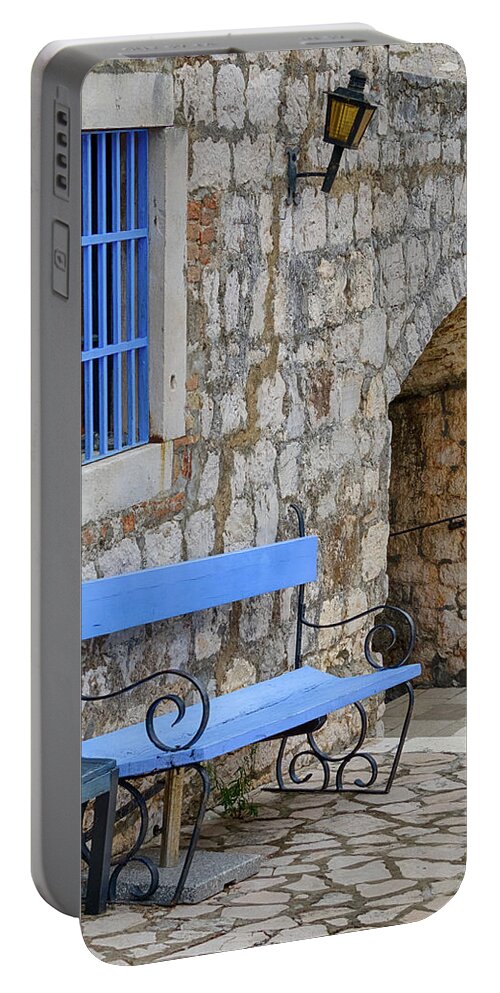 Adriatic Coast Portable Battery Charger featuring the photograph Blue Bench by Eggers Photography