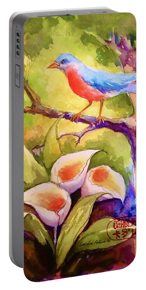 Blue Bird Speaking Portable Battery Charger featuring the painting Blue Bird whispers by Caroline Patrick