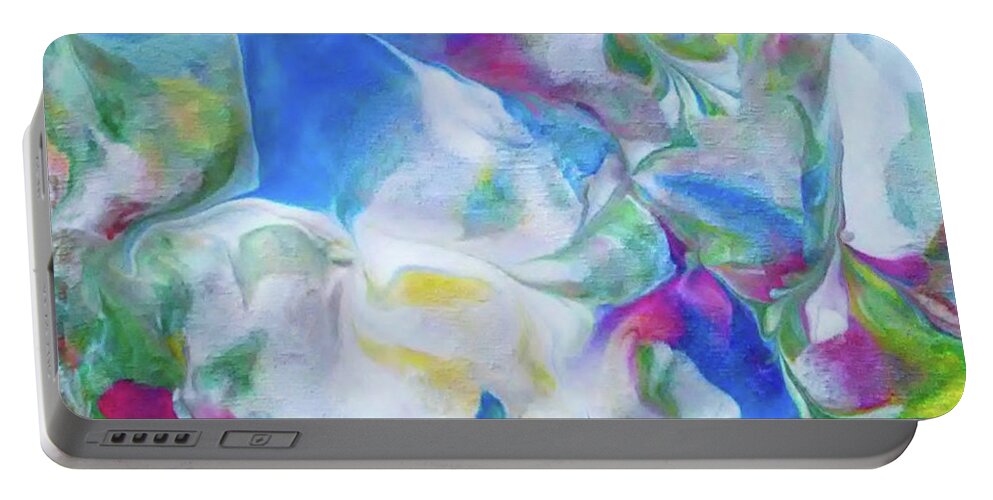 Abstract Flora Blues Greens Pink Yellow Portable Battery Charger featuring the painting Blue Bloom by Deborah Erlandson