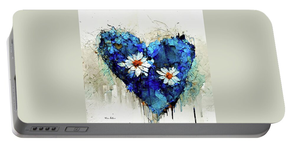 Blue Heart Portable Battery Charger featuring the painting Blue Daisy Heart by Tina LeCour