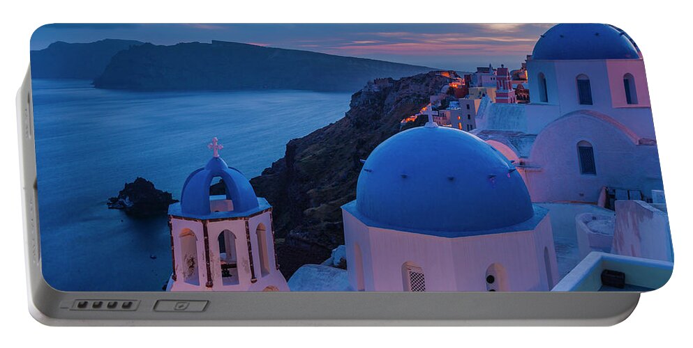 Aegean Sea Portable Battery Charger featuring the photograph Blue Domes Of Santorini by Evgeni Dinev