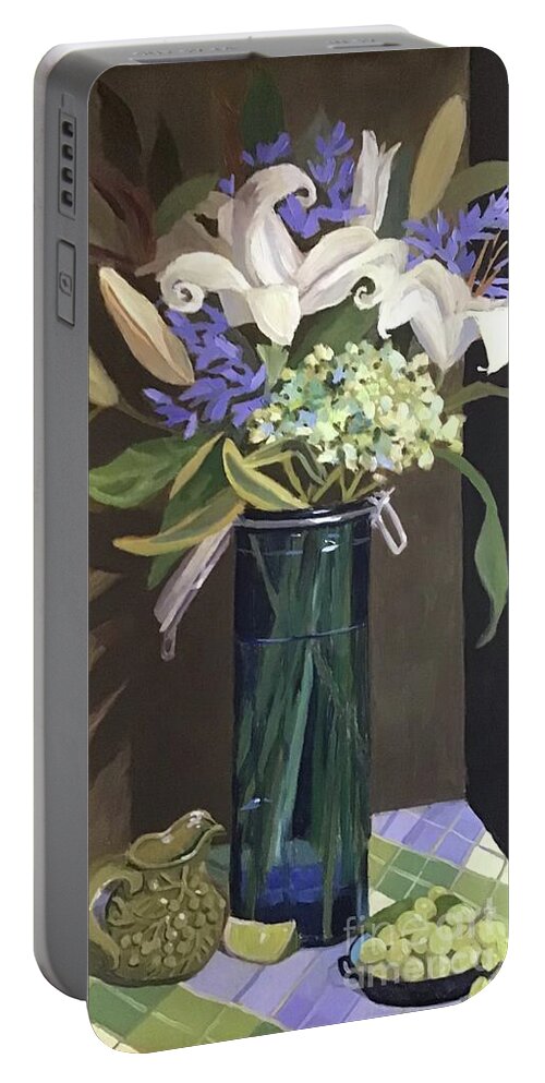 Lily Portable Battery Charger featuring the painting Blue Glass Canister with Lillies by Anne Marie Brown