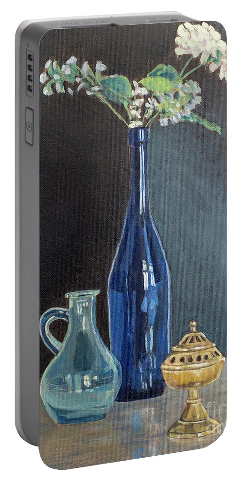 Taste Portable Battery Charger featuring the painting Blue Glass Wine Bottle with Flowers Water Jug and Censer Still Life by Pablo Avanzini
