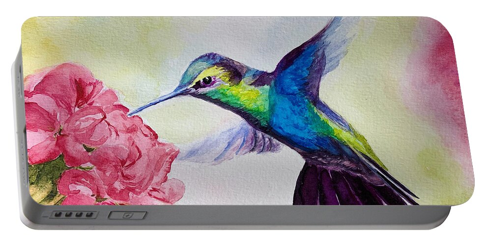 Humming Bird Portable Battery Charger featuring the painting Blue Hummingbird by Tracy Hutchinson