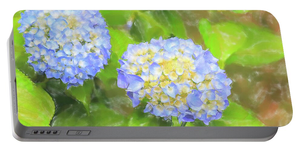 Colors Portable Battery Charger featuring the digital art Blue Hydrangea Deux Watercolor by Tanya Owens