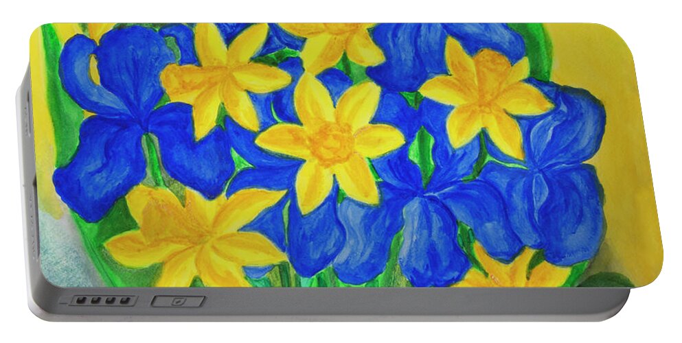 Flower Portable Battery Charger featuring the painting Blue irises and yellow daffodiles by Irina Afonskaya