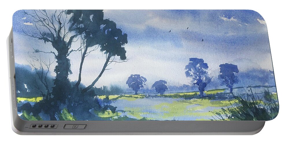 Watercolour Portable Battery Charger featuring the painting Blue Light on the Yorkshire Wolds by Glenn Marshall