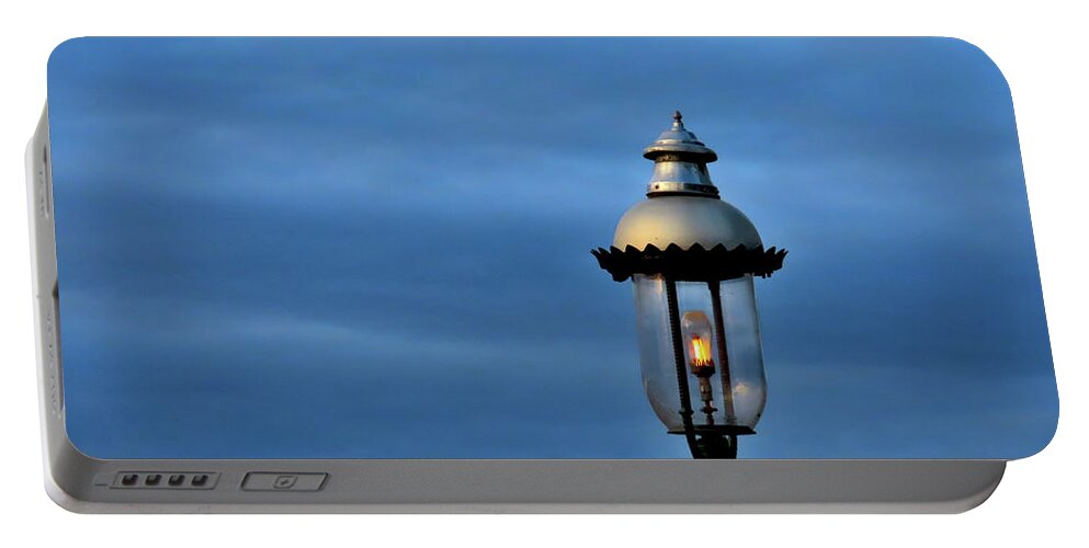 Lamppost Portable Battery Charger featuring the photograph Blue Light Special by Linda Stern
