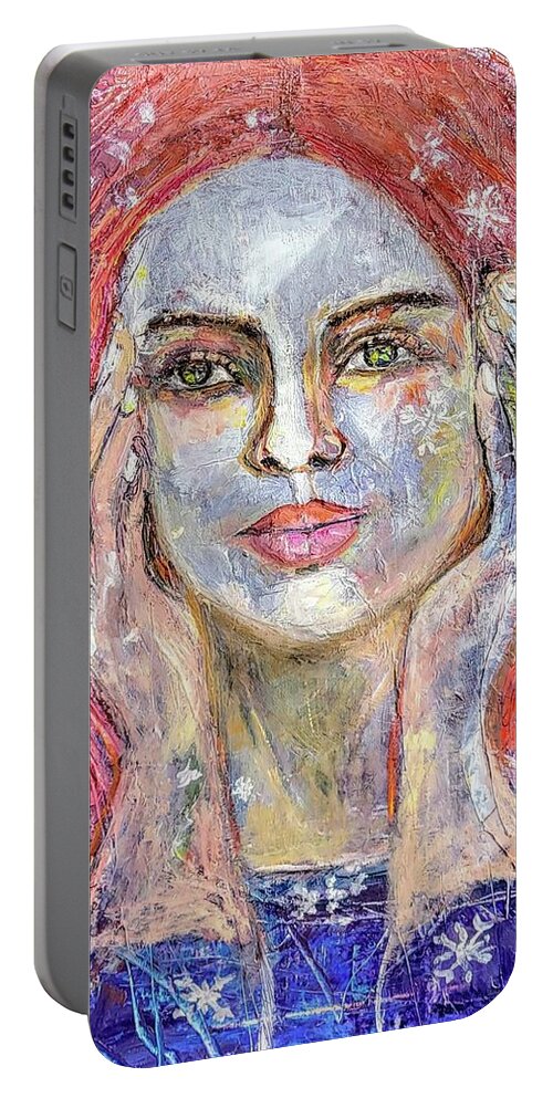 Girl Portable Battery Charger featuring the painting Blue Mood by Evelina Popilian