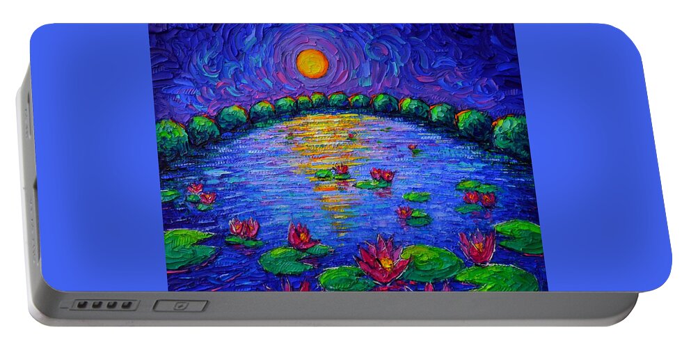 Waterlilies Portable Battery Charger featuring the painting BLUE NIGHT MOON ON WATERLILIES LAKE textural impasto palette knife oil painting Ana Maria Edulescu by Ana Maria Edulescu