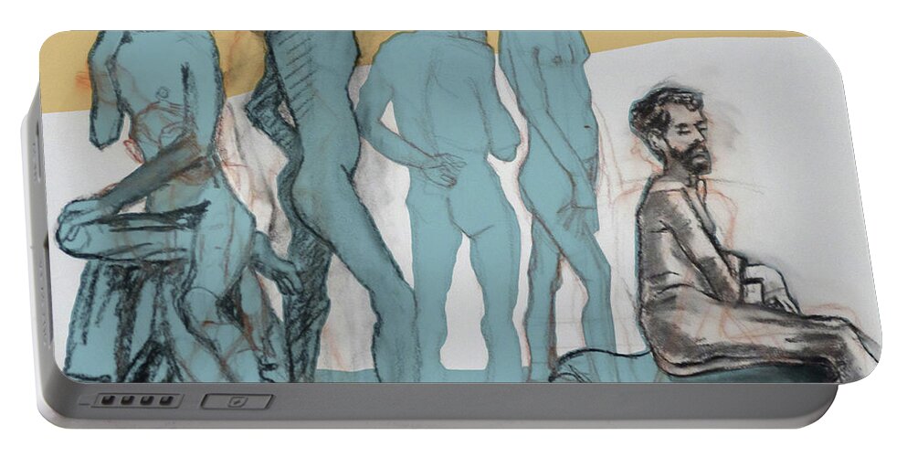 Male Nude Portable Battery Charger featuring the mixed media Blue Nude by PJ Kirk