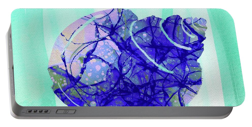 Blue Portable Battery Charger featuring the mixed media Blue Pattern Abstract Shell Green and White Stripes by Itsonlythemoon
