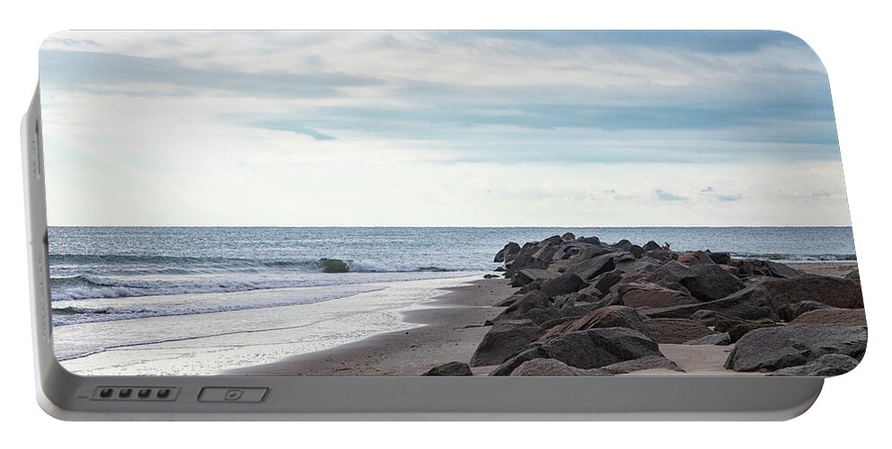 Fort Macon Portable Battery Charger featuring the photograph Blue Sky - Blue Ocean - Wet Rocks by Bob Decker