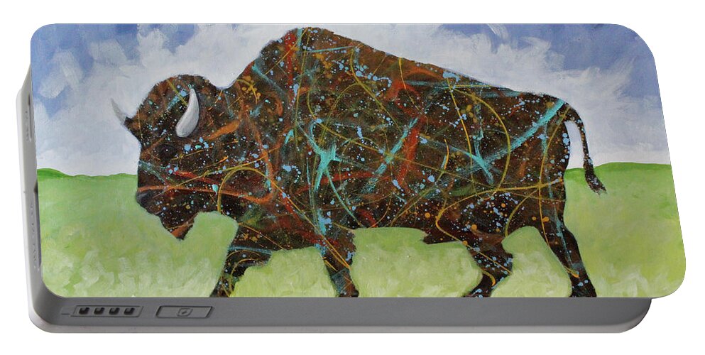 Buffalo. Wild Portable Battery Charger featuring the painting Blue Sky Buffalo by Lance Headlee