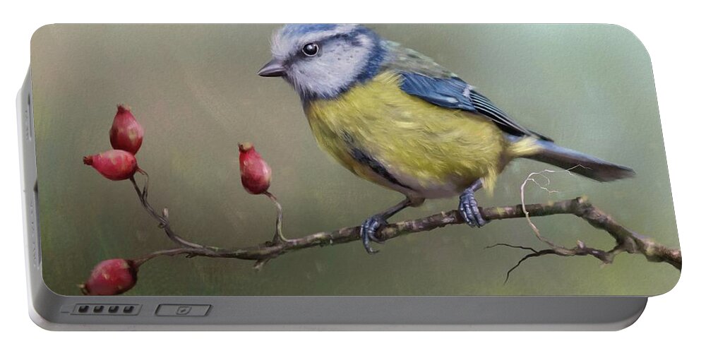 Eurasian Blue Tit Portable Battery Charger featuring the painting Blue Tit and Rose Hips by Joe Gilronan