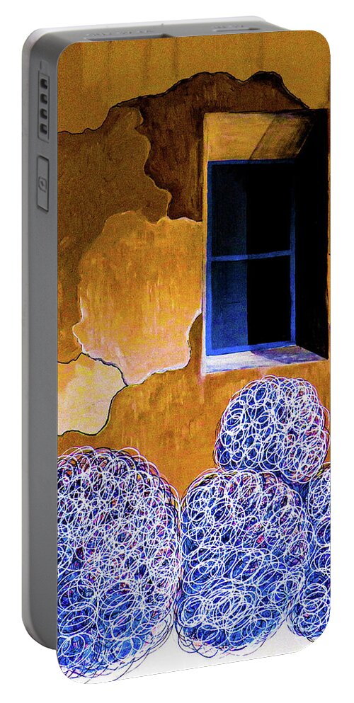 Southwest Portable Battery Charger featuring the painting Blue Tumbleweeds at Blue Window Two by Ted Clifton