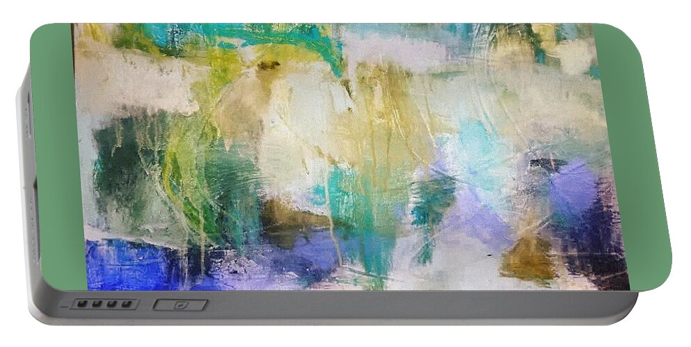Abstract Portable Battery Charger featuring the painting Blue, White, Gold by Patricia Byron