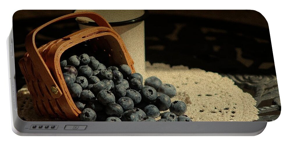 Blueberries Portable Battery Charger featuring the photograph Blueberries in Basket - Old World Stills Series by Colleen Cornelius