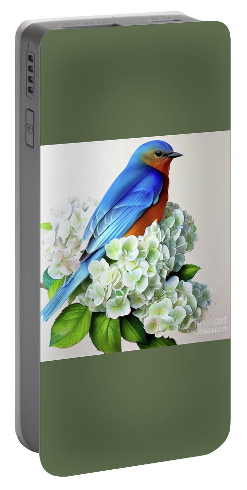 Eastern Bluebird Portable Battery Charger featuring the painting Bluebird In The White Hydrangea by Tina LeCour