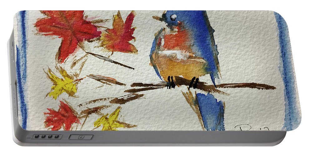 Bluebird Portable Battery Charger featuring the painting Bluebird on a Maple Branch by Roxy Rich