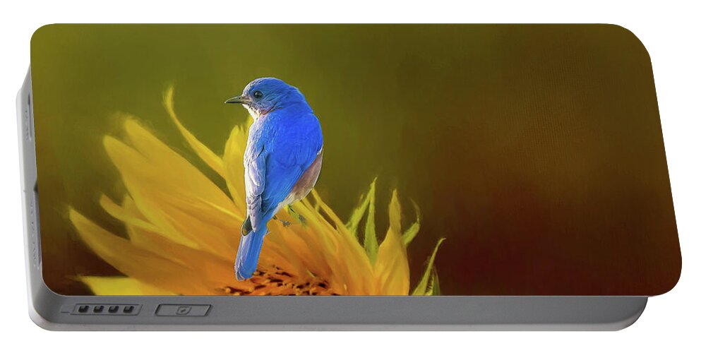 Sunflower Portable Battery Charger featuring the photograph Bluebird on Sunflower by Pam Rendall
