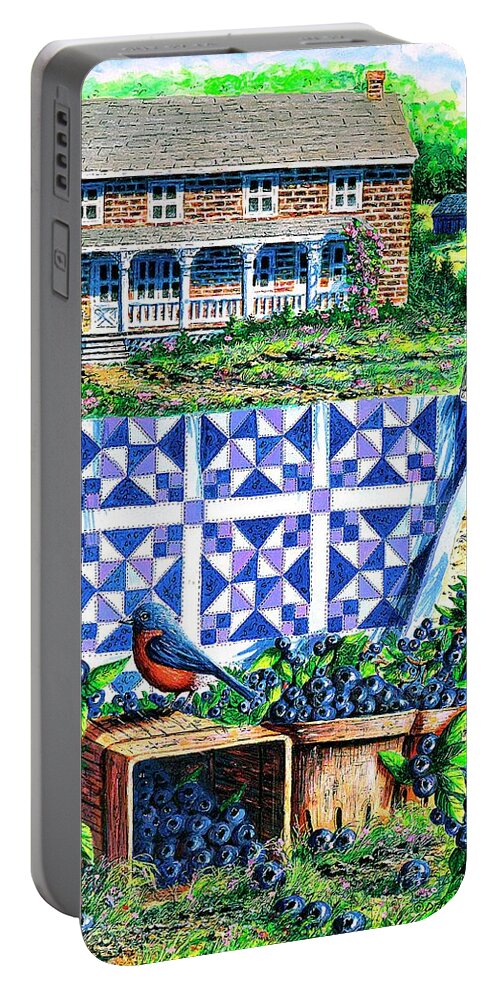 Blueberries Portable Battery Charger featuring the painting Bluebirds and Blueberries by Diane Phalen