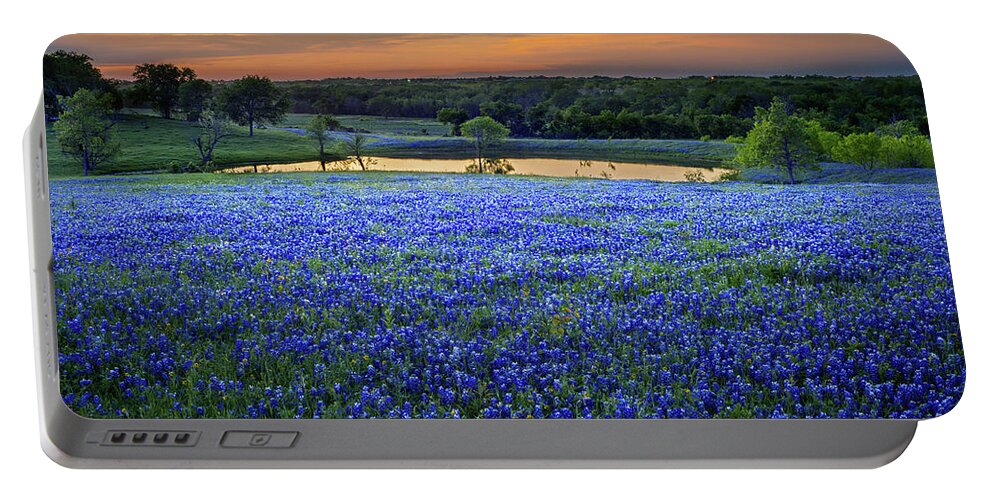 Texas Bluebonnets Portable Battery Charger featuring the photograph Bluebonnet Lake Vista Texas Sunset - Wildflowers landscape flowers pond by Jon Holiday