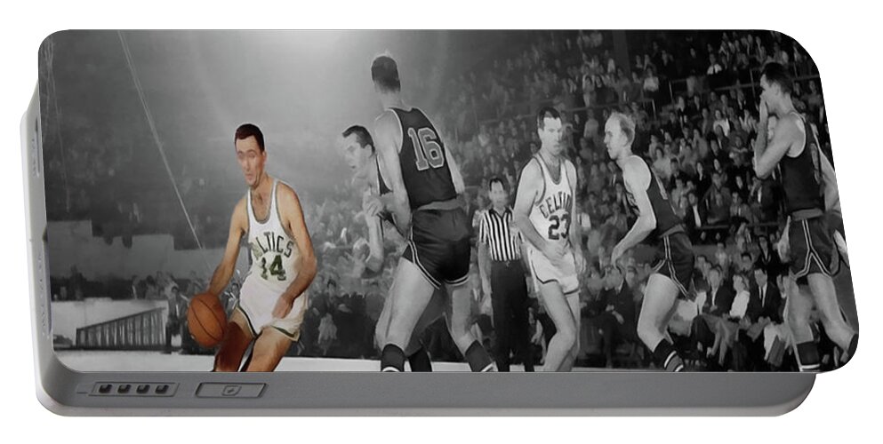 Bob Cousy Portable Battery Charger featuring the mixed media Bob Cousy 1a by Brian Reaves