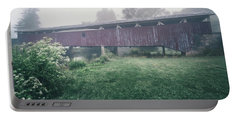 Allentown Portable Battery Charger featuring the photograph Bogert's Covered Bridge Misty June by Jason Fink