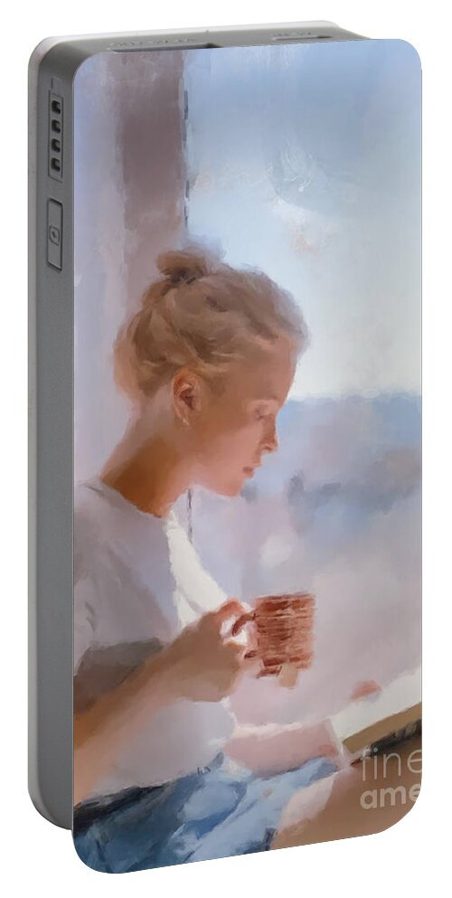 Book And Tea Portable Battery Charger featuring the painting Book and Tea by Gary Arnold