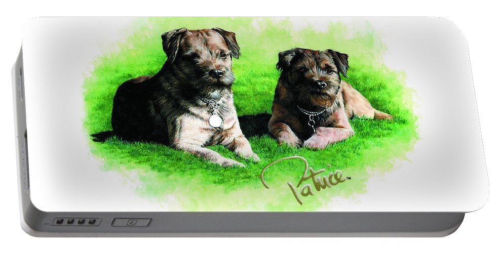Commissioned Watercolour Art By Patrice Portable Battery Charger featuring the painting Border Terriers by Patrice Clarkson