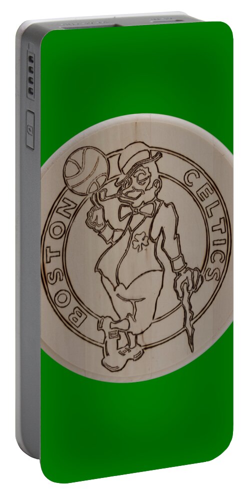 Wood Burned Art Portable Battery Charger featuring the pyrography Boston Celtics est 1946 by Sean Connolly