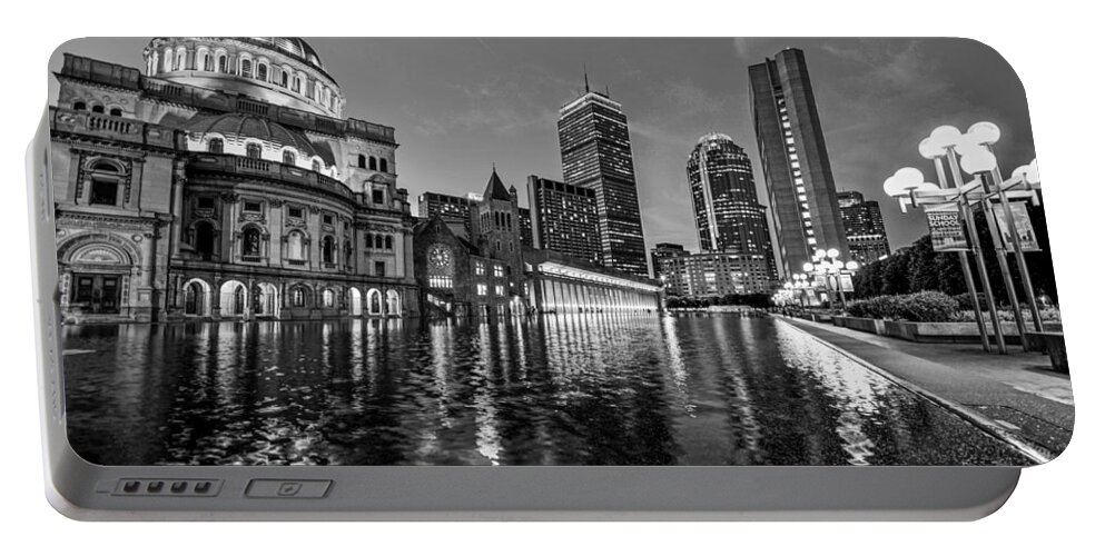 Boston Portable Battery Charger featuring the photograph Boston Reflecting Pool Christian Science Church Black and White by Toby McGuire