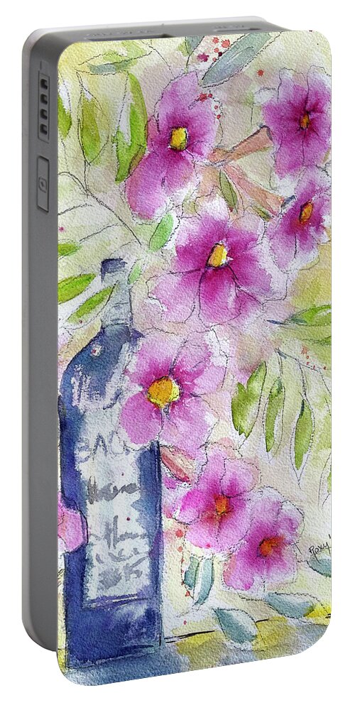 Wine Bottle Portable Battery Charger featuring the painting Bottle and Blooms by Roxy Rich