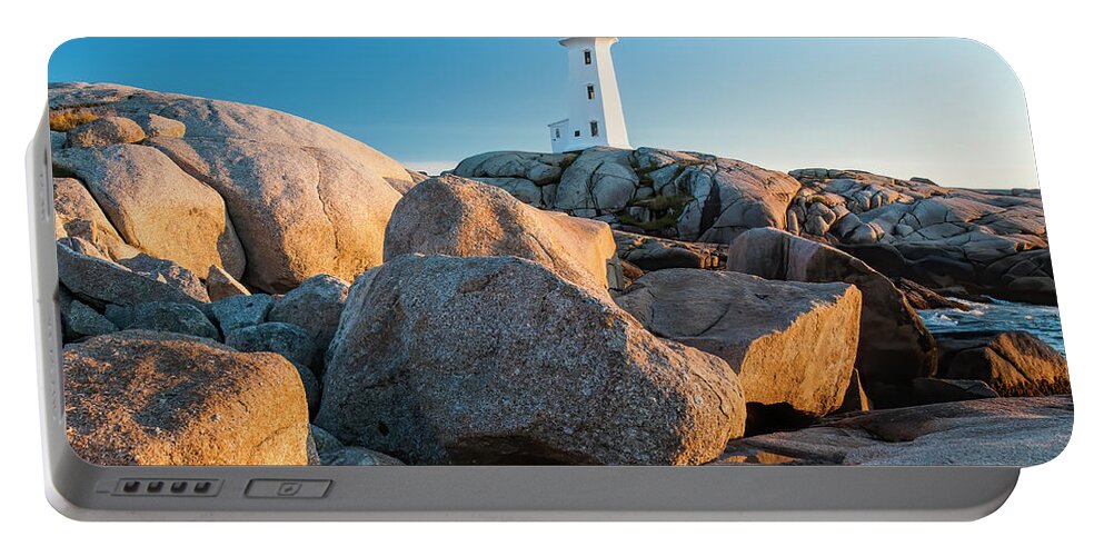 Boulders Portable Battery Charger featuring the photograph Boulders and Peggy's Cove Lighthouse by Ginger Stein