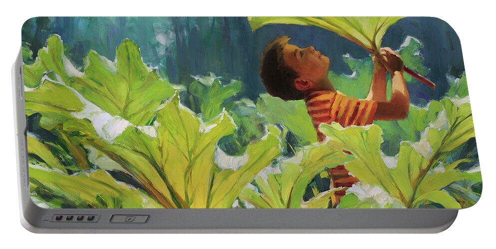 Forest Portable Battery Charger featuring the painting Boy in the Rhubarb Patch by Steve Henderson