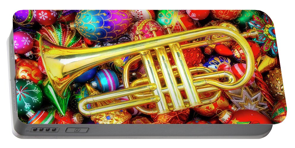 Abundance Portable Battery Charger featuring the photograph Brass Christmas Trumpet by Garry Gay