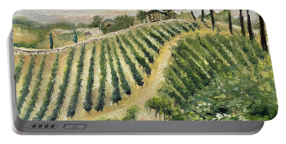 Vineyard Portable Battery Charger featuring the painting Brendas View at Lorenzi Estate Winery in Temecula by Roxy Rich