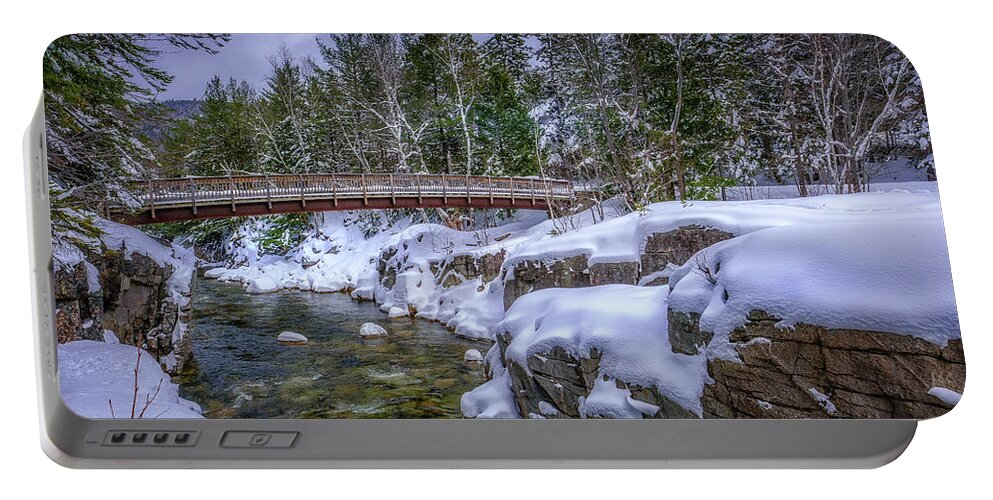 Snow Portable Battery Charger featuring the photograph Bridge Over Rocky Gorge, Winter. by Jeff Sinon