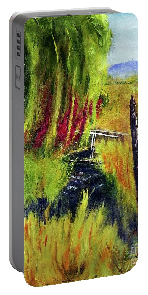Landscape Portable Battery Charger featuring the painting Bridge over Small Stream by Sherril Porter