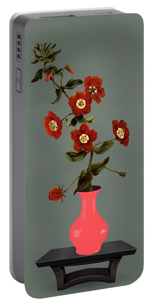 Shrubby Pimpernel Portable Battery Charger featuring the mixed media Bright Pink Glass Vase with Flowers by David Dehner