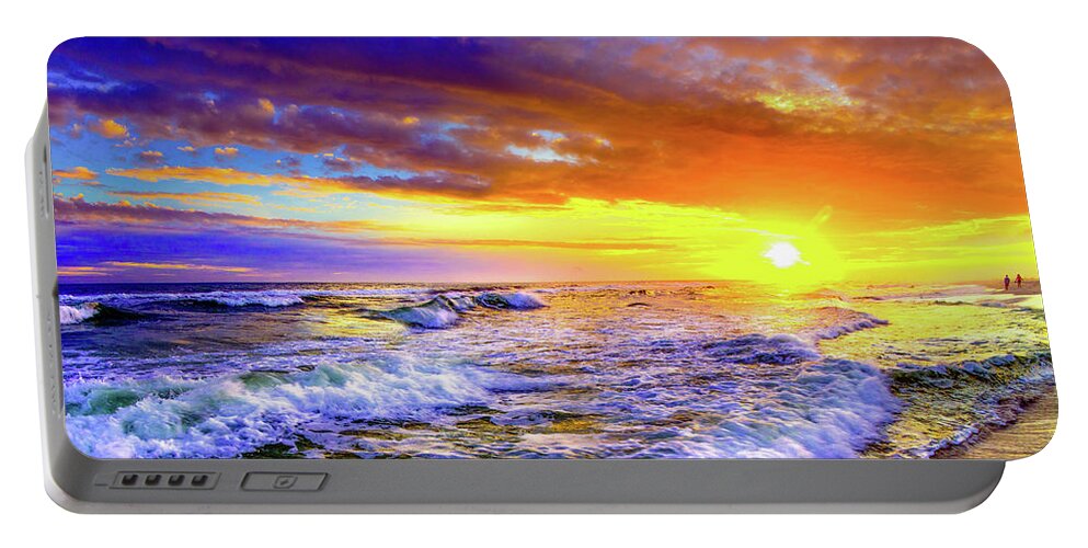 Art Portable Battery Charger featuring the photograph Bright Yellow Orange Sunset Ocean Refkection Waves by Eszra Tanner