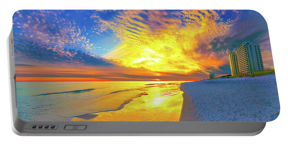 Art Portable Battery Charger featuring the photograph Brilliant Yellow Blue Sunset Reflected Navarre Beach Condos by Eszra Tanner