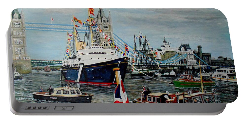 Britannia Portable Battery Charger featuring the painting Britannnia And Tower Bridge The Silver Jubilee 1977 by Mackenzie Moulton