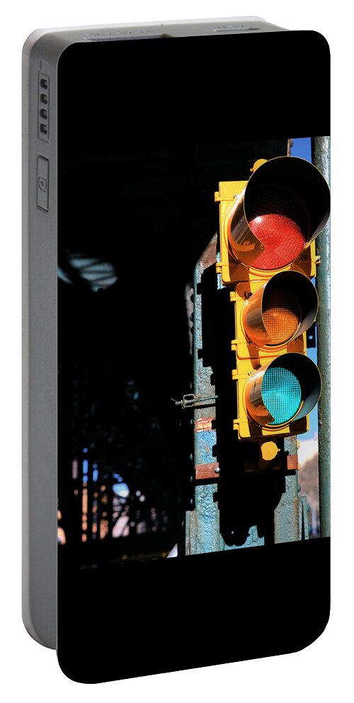 Traffic Signal Portable Battery Charger featuring the photograph Broadway Traffic Signal under Manhattan Valley 1 Train Viaduct by Steve Ember