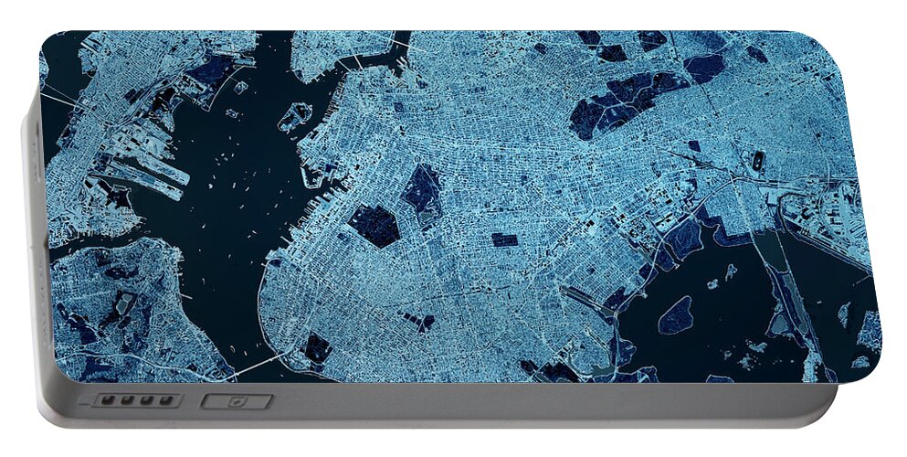 Brooklyn Portable Battery Charger featuring the digital art Brooklyn New York 3D Render Map Blue Top View Apr 2019 by Frank Ramspott