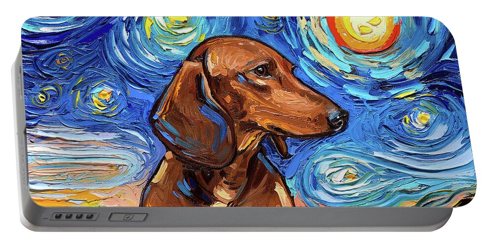 Dachshund Portable Battery Charger featuring the painting Brown Dachshund Night by Aja Trier