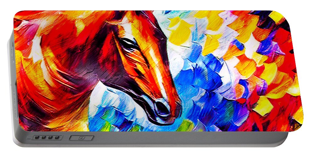 Horse Portable Battery Charger featuring the digital art Brown horse portrait on a colorful blue, red and yellow background by Nicko Prints