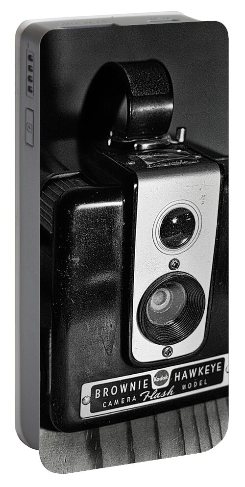 Camera Portable Battery Charger featuring the photograph Brownie Flash Camera 1940s BW by Rene Vasquez